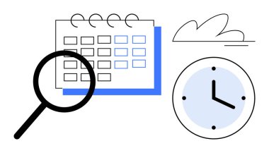 Büyüteç, takvim ve saat zamanlamayı, odaklanmayı ve zaman takibini vurguluyor. Üretkenlik, zaman yönetimi, organizasyon, teslim tarihleri görev planlama atamaları ve verimlilik için ideal