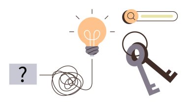 Fikirleri temsil eden ampul, problem çözme yolu için karışık hat çözümler için anahtarlar ve keşif için arama çubuğu. Yenilik, strateji, yaratıcılık, keşif, problem çözme için ideal