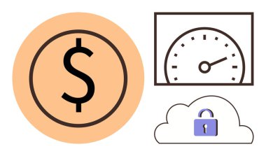 Finans için dolar işareti, performans için hız göstergesi ve güvenlik için asma kilitli bir bulut. Finans, performans, güvenlik, bulut hesaplama, fintech, verimlilik teknolojisi için ideal