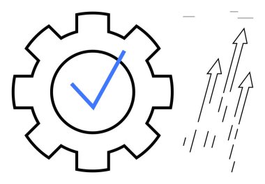 İçi mavi işaretli büyük dişli, kalite ve güvenilirliği simgeliyor, yukarı bakan okların yanında, büyüme ve ilerlemeyi gösteriyor. Mükemmellik, gelişme, strateji ve verimlilik için ideal