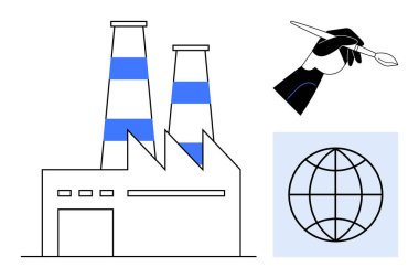 Tütsülü fabrika, yaratıcılığı temsil eden fırçalı el, küreselleşmeyi ima eden ızgara küre. Endüstri için ideal, yenilik, yaratıcılık, çevre, küresel ticaret, sürdürülebilirlik modern