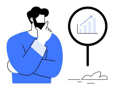 Mavi gömlekli bir adam büyüteçle ölçü grafiğini inceliyor. Analiz, veri büyümesi, iş stratejisi, karar verme, problem çözme, içgözlem ve araştırma için ideal. Basit düz
