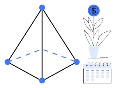 Noktalar ve çizgilerle Geometrik 3D şekil, dolar sikkesi ile saksıya bitki, not defteri takvimi. Finans, büyüme, strateji, planlama, organizasyon yatırım sektörü için idealdir. Basit düz metafor