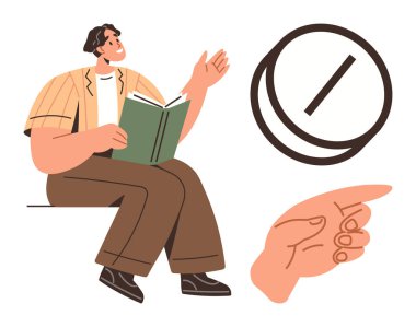 Bir kitap okurken oturan ve eli havada el hareketi yapan, işaret eden bir el ve dairesel çizgiler çizen biri. Eğitim, hikaye anlatma, öğrenme, fikirler, iletişim, yaratıcılık, basit