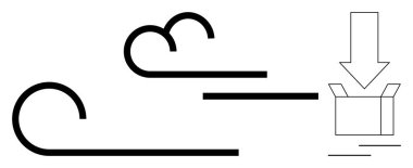 Rüzgâr hareketini temsil eden kavisli çizgiler aşağıya doğru ok ile açık bir kutuya yönlendiriliyor. Teslimat, lojistik, ambalaj, çevresel etki, ulaşım, enerji verimliliği için ideal