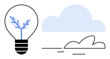 Yeşil enerjiyi ve yeniliği simgeleyen filizlenen bitkili ampul bulutlarla ve aerodinamik şekillerle eşleştirildi. Sürdürülebilirlik, eko-teknoloji, doğa, yenilenebilir enerji, iklim değişikliği için ideal