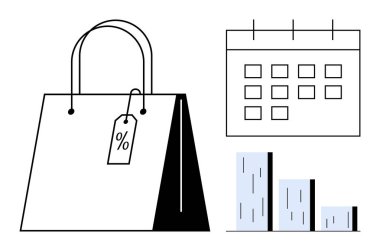 İndirimli etiketli alışveriş torbası, duvar takvimi ve bar çizelgesi satış ilerlemesini ve mevsimsel planlamayı gösteriyor. Perakende, indirim, programlama, e-ticaret, pazarlama, analitik sektörü için ideal