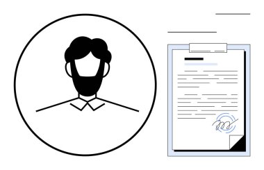 Bir erkek profili ve imzalı bir belgeyle çember oluşturun. Kimlik, onay, doğrulama, profil yönetimi, sözleşmeler, istihdam ve dijital imza için ideal