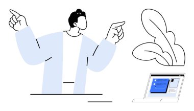 Açık dizüstü bilgisayarla hareketli özgüvenli bir adam içeriği ve soyut bitki şekillerini gösteriyor. Sunumlar için ideal, iletişim, iş, öğretmenlik, takım çalışması, yenilik, liderlik. A