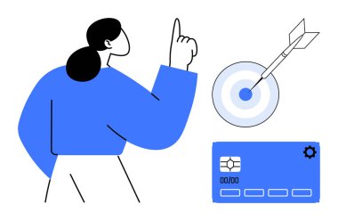 Yukarıya doğru bakan bir kadın, tam on ikiden vuran bir ok, kredi kartı görüntüsü. Hedef belirleme, mali planlama, başarı stratejileri, üretkenlik, bütçe, iş odaklı kariyer büyümesi için ideal