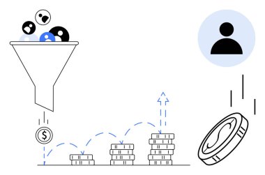 Huni filtreleme madeni paralara yol açar, ok büyümeyi sembolize ettikçe yığınlar artar. Pazarlama, satış dönüşümü, iş stratejisi, müşteri edinme, gelir optimizasyonu, analitik için ideal