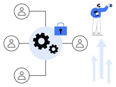 Merkezi dişliler takım avatarlarını birbirine bağlar. İşbirliğini sembolize eder ve yukarı doğru ok atarak iş akışını sağlarlar. Takım çalışması, güvenlik, yenilik, büyüme, dijital dönüşüm ve teknoloji için ideal