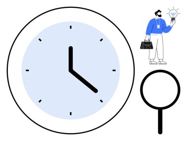 Saati gösteren büyük bir saat, büyüteç ve elinde parlayan bir ampul tutan bir iş adamı. Üretkenlik, zaman yönetimi, odaklanma, analiz, yaratıcılık, problem çözen basit düz metafor