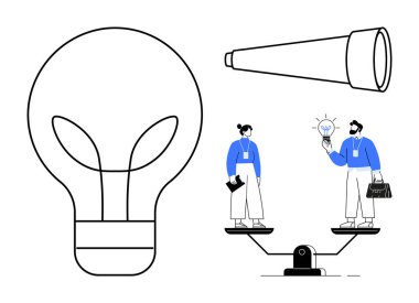 Dev ampul, teleskop, fikirleri, takım çalışmasını, yenilikleri ve stratejiyi paylaşırken terazileri dengeleyen iki profesyonel. Konseptler için ideal karar verme, yaratıcılık, eşitlik