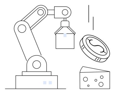 Robotik kol kaldırma objeleri titizlikle kaldırma, bozuk para ve peynir ayıklama. Robot bilimi, otomasyon, teknoloji, yapay zeka, endüstri, gıda işleme finansal yeniliği için idealdir. Temiz, düz metafor