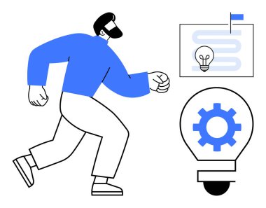 Adam güven içinde yürüyor, gelişimi sembolize ediyor, yenilik için ampul ve teçhizatla, yol haritası ve gol için bayrak. Yenilik, motivasyon, strateji, iş, hedef başarı için ideal