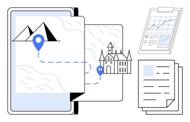 Dağlardan kaleye giden yolu gösteren dijital harita, analitik ve belgeli pano. Seyahat, seyrüsefer, güzergah planlaması, turizm, strateji araştırmaları ve eğitim için ideal. Basit düz
