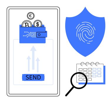 Dijital cüzdan bir SEND düğmesine şifreli para gönderiyor, parmak izli kalkan, büyütülmüş takvim. Dijital bankacılık, kripto para birimi, ödeme, blok zinciri, güvenlik, fintech için ideal