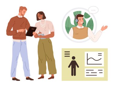 Meslektaşlar tabletteki verileri tartışıyor, analitik torpido gözünde uzaktan destek ajanı var. Takım çalışması, dijital iletişim, çevrimiçi destek, işbirliği, üretkenlik ve müşteri için ideal