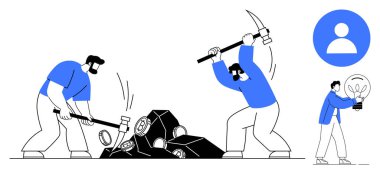 İşçiler, işbirliğini, sıkı çalışmayı ve keşfi simgeleyen araçlarla taş kırıyorlar. Takım çalışması, yenilik, hedef belirleme, liderlik, beyin fırtınası, beceri ve başarı metaforları için ideal