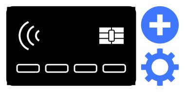 Üzerinde mavi artı ve vites simgeleri olan işaret ve çip dalgaları olan temassız kart. Ödeme, finans, teknoloji, hizmet, kurulum, güvenlik yeniliği için ideal. Basit düz metafor