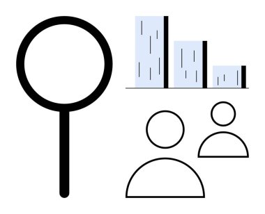 Büyüteç, bar tablosu ve kullanıcı simgeleri araştırmayı, veri analizini, takım çalışmasını ve seyirciyi sembolize ediyor. İş, pazarlama, askere alma stratejisi organizasyon liderliği için idealdir.