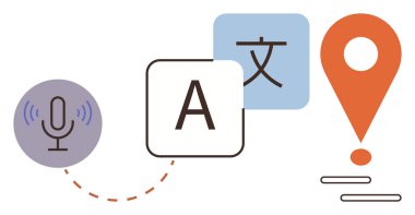 Mikrofon, dil karakterleri ve yer işaretleyicisi görsel olarak birbirine bağlı. İletişim, dil bilimi, seyahat, yerelleştirme, küresel iş teknolojisi uygulama tasarımı için idealdir. Basit düz metafor