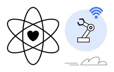 Atomun içindeki kalp bilimi ve insanlığı sembolize eder. Kablosuz sinyalli robot kolu otomasyon, yapay zeka ve bağlantı olduğunu gösteriyor. Yenilik için ideal, teknoloji, bilim, otomasyon, yapay zeka