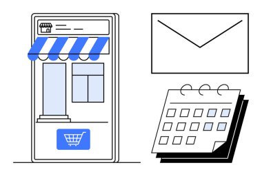 Mobil uygulama ekranı mağaza önü ve alışveriş arabası, yırtık sayfalı takvim, açık zarf. E-ticaret, programlama, pazarlama, planlama, iletişim, organizasyon için ideal daire