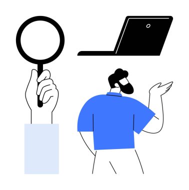 El ele tutuşan büyüteç, tartışılan kişi, analizi temsil eden dizüstü bilgisayar. Araştırma, keşif, problem çözme, eğitim, teknoloji ekip çalışması için ideal. Basit düz