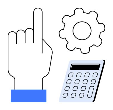 Eller yukarı, vites sembolize ayarlar, hesap makinesi. Teknoloji, eğitim, verimlilik, yönetim, işbirliği yenilik liderliği için idealdir. Basit düz metafor