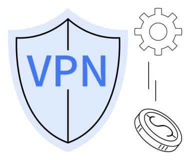 VPN mesajı, vites sembolü ve bozuk para içeren mavi kalkan, dijital güvenlik, çevrimiçi mahremiyet ve VPN kullanımı. Siber güvenlik, teknoloji, çevrimiçi koruma veri gizliliği finans güvenliği için ideal