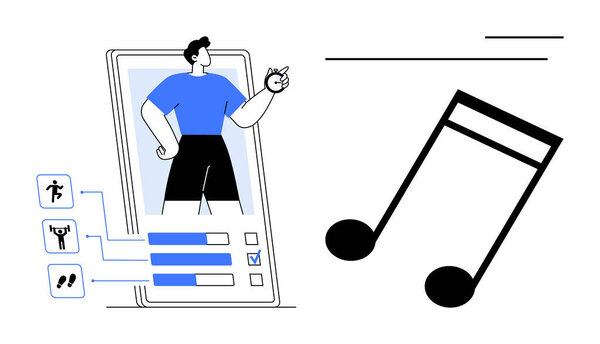 Man tracking fitness progress on mobile app chart with tasks and a large music note beside it. Ideal for health, fitness, technology, music, motivation, lifestyle, and digital tools. Simple flat