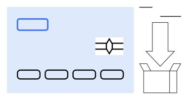 Açık bir kutuyu işaret eden bir okun yanında basitleştirilmiş detaylarla kredi kartı. Ecommerce, ödeme işlemleri, nakliye, çevrimiçi alışveriş, lojistik, işlemler, paketleme için ideal. Basit.