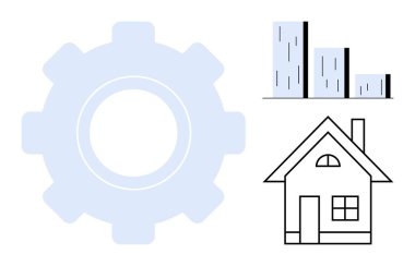 Dikey bar çizelgelerine sahip bir vites simgesi ve kalın çizgilerden oluşan bir ev taslağı. Endüstriyel kalkınma, analitik, inşaat, ev verimliliği, planlama, yenilik ve yapısal tasarım için ideal
