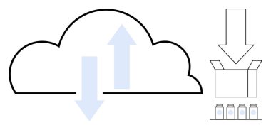 Yukarı ve aşağı okları olan bulut, kutu indirme ve ürün kapları. Bulut hesaplama, veri transferi, lojistik, çevrimiçi depolama, dijital dönüşüm, tedarik zinciri düz metaforu için ideal