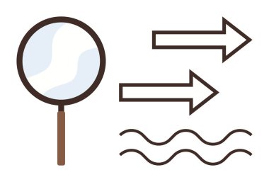 Büyüteç, oklar ve dalgalı çizgiler analiz, karar verme, hareket ve akışı gösteriyor. Araştırma için ideal, strateji berraklığı odaklanma navigasyon veri akışı görselleştirmeleri. Basit düz