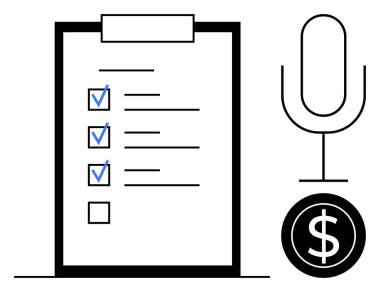 İşaretli görevleri olan kontrol listesi, iletişimi sembolize eden mikrofon, bütçe takibi için dolar işareti simgesi. Üretim, organizasyon, finans, iş, planlama, hedef belirleme için ideal