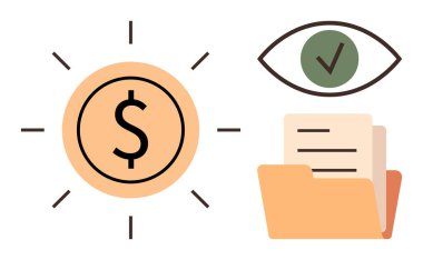 Dolar işareti yayılıyor, içinde belgeler olan açık bir klasör ve işaretli bir göz. Maliye, organizasyon, güvenlik, veri analizi, iş stratejisi, zenginlik yönetimi için idealdir. Basit.