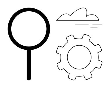 Arama, işletim ve veriyi temsil eden büyüteç, bulut ve teçhizatın basit ana hatları. Teknoloji, araştırma, analiz geliştirme ekip çalışması yaratıcılık süreci için idealdir. Basit düz