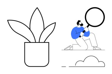 Adam diz çöküp büyüteçle inceliyor. Minimalist saksı bitkisi, soyut bulut. Araştırma, merak, keşif, büyüme, basitlik çevresel temalar için idealdir. Güçlü, basit düz