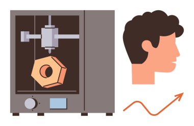 Geometrik şekilli 3D yazıcı, bir kişinin profili ve yukarı doğru hareket eden çizgi grafiği. Teknoloji, üretim, yenilik, ilerleme, analiz, eğitim sektörü büyümesi için ideal
