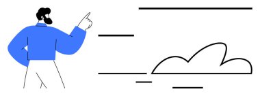 Mavi gömlekli sakallı adam yatay çizgileri olan bir bulutu işaret ediyor. İletişim, teknoloji, veri depolama, bulut hesaplama, liderlik, gelecek vizyon için ideal, basit düz metafor