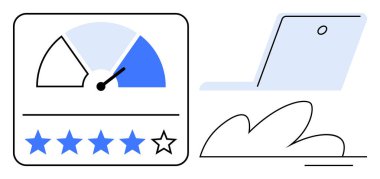 Değerlendirme göstergesi bir dizüstü bilgisayarın yanında performans ve geri bildirim yıldızlarını gösteriyor. Değerlendirme, analiz, kalite değerlendirmesi, kullanıcı deneyimi, tatmin izleme, iş anlayışı, basit düz
