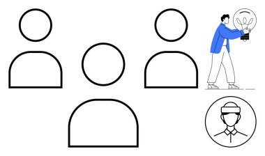 Üç soyut kullanıcı simgesine sahip minimalist illüstrasyon, elinde ampul tutan bir kişi ve sanal gerçeklik kulaklığı. Takım çalışması, yenilik, öğrenme, yaratıcılık ve liderlik için ideal