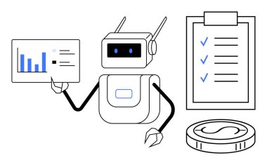 İnsanımsı robot kontrol listesi ve madeni paranın yanında dururken veri tablosu tutuyor. Teknoloji, otomasyon, veri analizi, verimlilik, finansal planlama, yapay zeka, yönetim için ideal