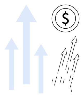 Bir dolar işareti ile eşleştirilen çeşitli stillerdeki yukarı doğru oklar büyümeyi, başarıyı, finansal refahı ve iş gelişimini vurguluyor. Strateji, finans, ekonomik ilerleme, yenilik ve amaç için ideal