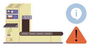 Kontrol paneli, bilgi simgesi ve güvenlik ve otomasyonu yansıtan uyarı işaretli taşıyıcı bant sistemi. Endüstriyel süreç, güvenlik uyarısı, risk yönetimi, iş akışı üretimi için ideal