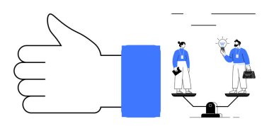 Terazide dengelenmiş, takım çalışmasını, eşitliği ve fikirleri sembolize eden iki bireyin yanında büyük baş parmak işareti. Takım çalışması, denge, liderlik, işbirliği, karar verme eşitliği için ideal