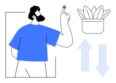 Mavi gömlekli sakallı adam dairesel düğmeye basıyor, minimalist saksı bitkisi, yukarı ve aşağı iki ok. Karar verme, tercihler, büyüme, sürdürülebilirlik, yenilik ve ekolojik odaklanma için ideal